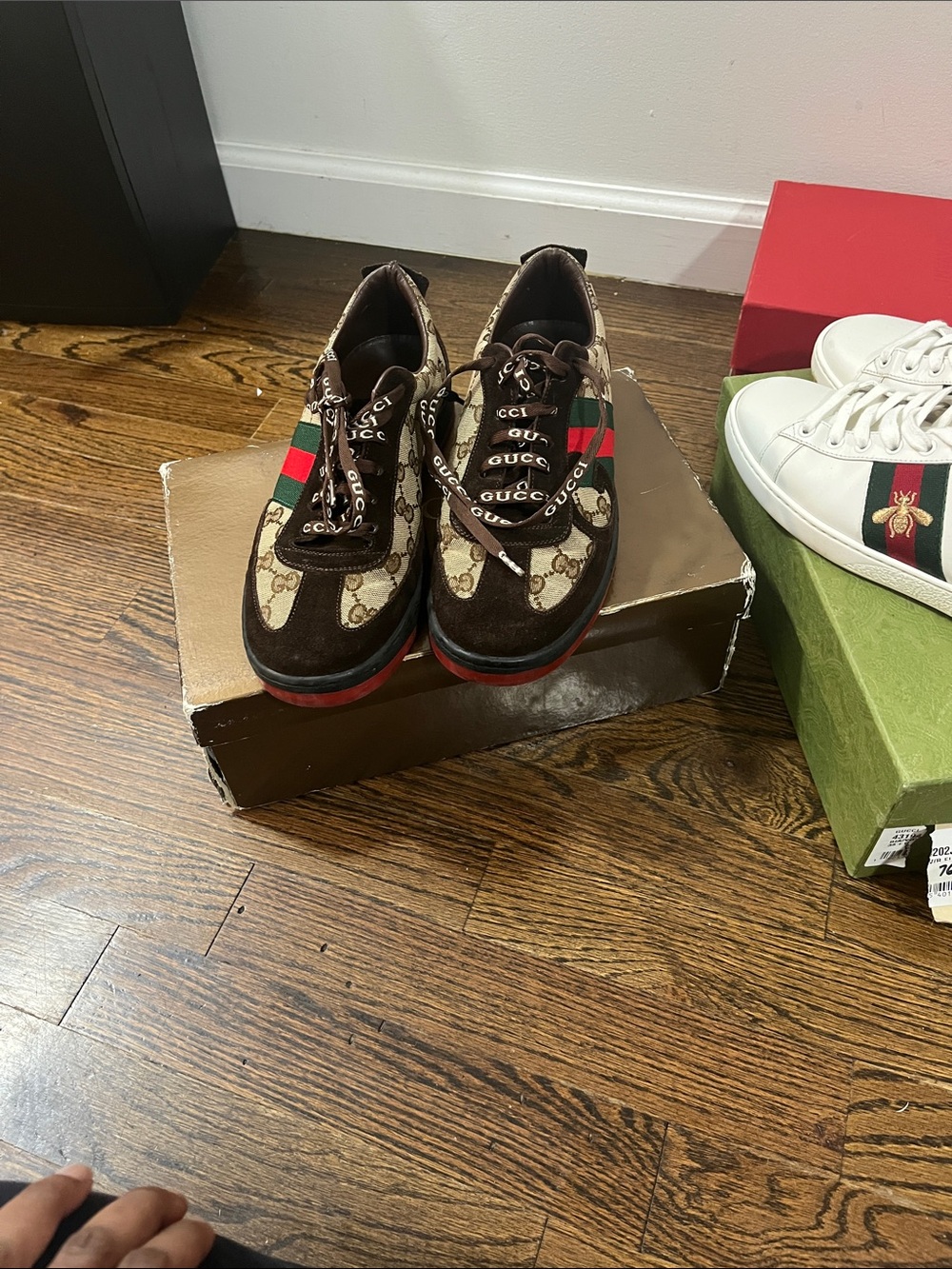 Gucci Brown Monogram Velvet Sneakers with Red and Green Stripe
